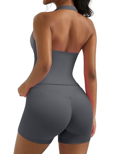 OMKAGI 2 Piece Workout Sets for Women Halter Sports Bra Tank Gym Biker Shorts Outfits(M,431-Grey)