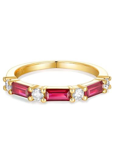 Wyyxl 14K Gold Ruby Band Ring 0.8 Carat Emerald Cut CZ & Red Stone Baguette Rings for Women Silver Based 2.5mm Wide Stackable July Birthstone Ring Wedding Bands for Mother Lover Size 8