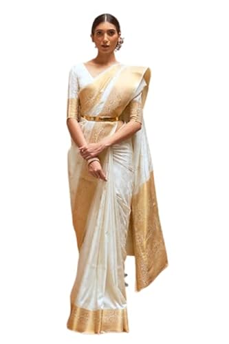 SWORNOF Women's Banarasi Patola Silk Blend Saree with Blouse Piece (White)