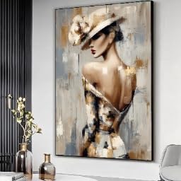 YUSUZHU Woman in Hat Canvas, Abstract Portrait Canvas Wall Art, Feminine Figure Painting, Room Decor, Neutral Tones Canvas Art(70x100cm/Frameless)