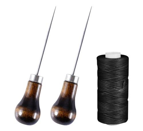 HDGSAFD 2 alênes avec poignées en bois, 1 rouleau de fil de réparation de chaussures, outil de poinçon, alêne en bois en forme de citrouille, foret pour cuir