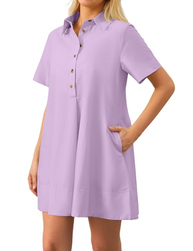 Image of Dsewpaur Short Sleeve Swing Tunic Mini Dress for Women Button Up Shirt Blouse Short Dress Summer Casual Flowy A Line Dress