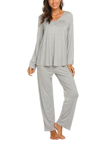 Ekouaer Schlafanzug Damen Lang Pyjama Set Kuschelig Nachtwäsche Zweiteiler Herbst Schlafanzüge Langarm Hausanzug Hellgrau L