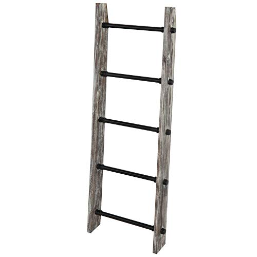 MyGift 4 Ft Torched Wood Farmhouse Blanket Ladder with 5 Matte Black Industrial Pipe Rungs, Wall Leaning Bathroom Towel Ladder Rack steampunk buy now online