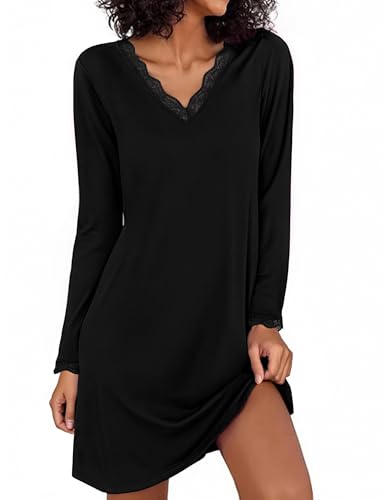 Demegimi Nachthemd Damen Langarm Schlafshirt Baumwolle Kurz Spitze Nachtkleid Winter Nachtwäsche Demegimi Nachthemd Damen Langarm Schlafshirt Baumwolle Kurz Spitze Nachtkleid Winter Nachtwäsche