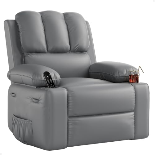 Image of GarveeHome Leather Recliner Chair - Heat and Massage, Swivel Rocker Manual Recliner for Adults, Reclining Sofa Rocking Chair with Side Pocket, Cup Holders for Living Room