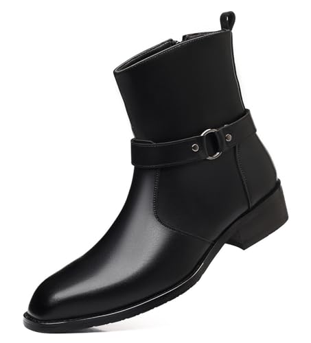 DADAWEN Men's Leather Chelsea Boots with Belt Buckle Fashion Classic Side Zipper Casual Chukka Booties Formal Ankle Dress Boots for Men Black US Size 12