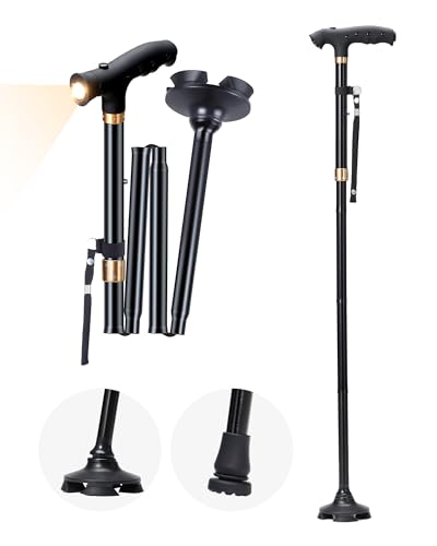 Faltbarer Gehstock mit Taschenlampe & Doppel-Boden - Höhenverstellbar (83-95cm) Leicht (450g) Robust - Für Senioren und Erwachsene