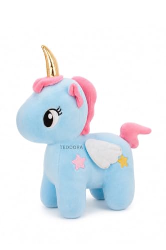 Image of Unicorn with Wings Soft Toy for Girls Boys Kids, Sky Blue, Animal Plush Stuffed Baby Teddy Gift Birthday, 30 cm