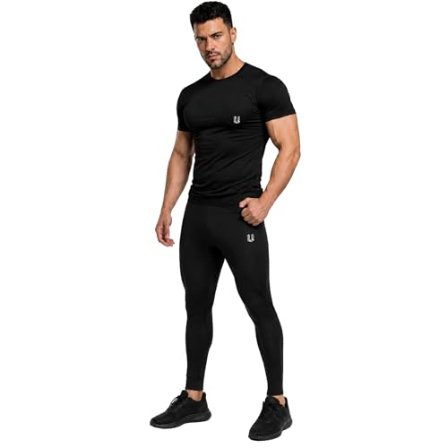 Image of Unbeatable Mens Sports Running Set | Polyester Spandex Compression Shirt and Tights for Men Workout Combo Set | Long Sleeve Quick-Dry Fitness Track Suit for Man