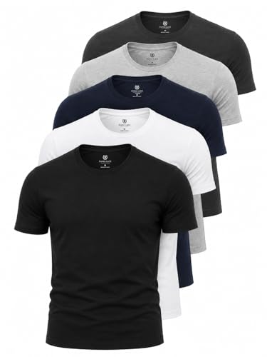 Image of Piano Luce Men’s 5-Pack T-Shirts - Crew Neck, Short Sleeve, Cotton-Polyester Blend, Casual Fit, UK Sizes (UK, Alpha, XXL, Regular, Regular, Colour 1 (White, Black, Navy, Gray, Anthracite))