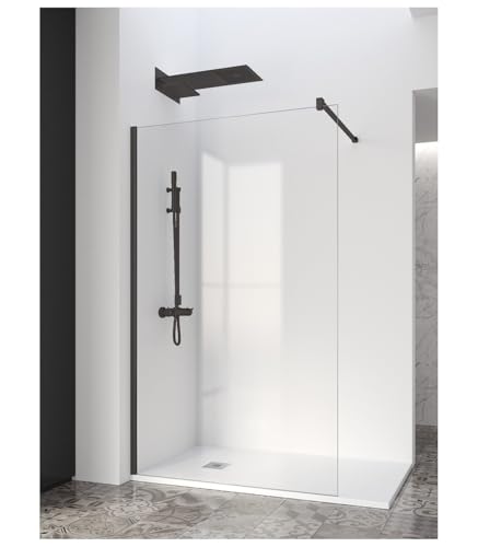 Mampara ducha fija 90x195 FABRICACION ESPAÑOLA Mampara de ducha 6mm Antical Barra de sujeción inoxidable Cristal Transparente Panel Fijo Mampara Cristal Templado PERFIL NEGRO MATE 90X195