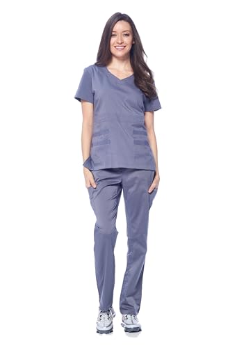 Dagacci Medical Uniform® Scrubs for Women Set – Natural Stretch Ultra Soft V-Neck Top and Pants Sets for Women - 9 Pocket (S, Petwer Gray)