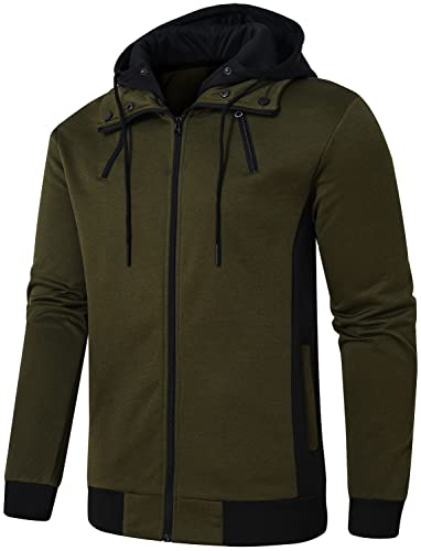 QPNGRP Mens Casual Fleece Hoodie Zipper Hooded Sweatshirt Jacket Army Large