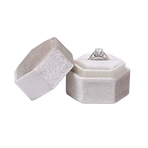 Blutete Hexagon Velvet Jewelry Single Slot Ring Box Engagement Wedding Box Keepsake Box Bridal Photo Ring (Beige) #TOP1