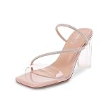 vivianly Womens Square Toe Clear Rhinestone Strappy Heeled Sandals Transparent Block High Heels Slides Slipper Wedding Dress size 9
