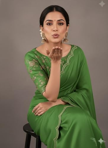 Image of Chinon Silk Saree with Embroidered Blouse, Traditional Georgette Saree, Elephant Embroidery Pattern, V-Neck Design, Free Size, Festival Wear