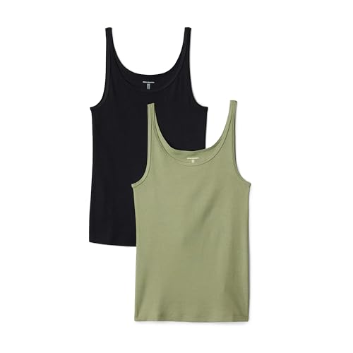 Amazon Essentials Womens Slim-Fit Thin Strap Tank Pack of 2 Black/Olive Small