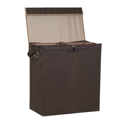 Household Essentials Double Laundry Hamper with Lid, Two Compartments for Easy Sorting with Removable Liner, Collapsible, Brown Linen 5614