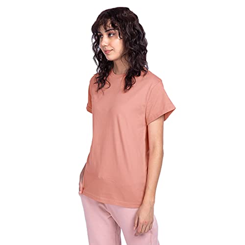 Image of Bewakoof Women's Cotton Relaxed Fit Solid Boyfriend Fit Round Neck T-Shirt
