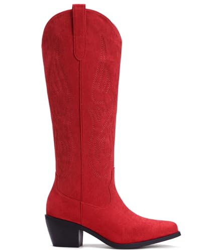 Image of Pasuot Western Cowboy Boots for Women - Knee High Wide Calf Cowgirl Boots, Slip On Pointed Toe Chunky Heel Fashion Retro Classic Pull On Tall Boot for ladies Party concert