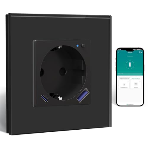BSEED ZigBee Steckdose mit USB C 20W Schnellladegerät mit Verbrauchsmessung,Smart Steckdose Unterputz für Alexa/Google Home,Smart Wandsteckdose mit Strommessung 16A,1 Fach Schwarz(Gateway Hub Bedarf)