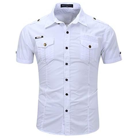 FREDD MARSHALL Men's Short Sleeve Work Shirt, Military Tactical Shirts, Outdoor 100% Cotton Breathable Button Down Hiking Shirt, White, X-Large Cover