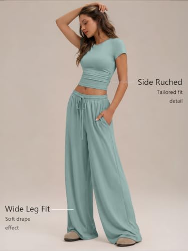 Image of Trendy Queen 2 Piece Matching Summer Lounge Set Womens Side Ruching Top Wide Leg Pants Sets with Pockets