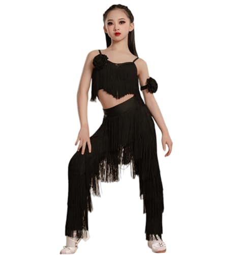 Vestido de Baile Latino para Niña con Borlas Ideal para Baile de Salón Tango Salsa Práctica Competición Y Entrenamiento(160Cm)