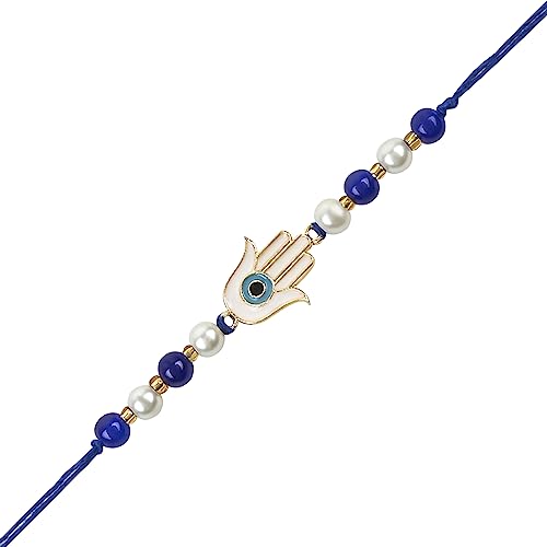 Image of I Jewels Hamsa Enamel Evil Eye Lumba Rakhi Set for Brother and Bhabhi with Roli Chawal and Rakshabandhan Card | Couple Rakhi
