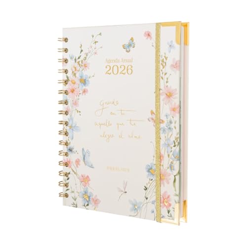 Grupo Erik Agenda 2026 semana vista A5 Raquel Beck, em espanhol - agenda semanal anual mulher com anéis e pestanas - inclui 4 páginas de autocolantes, marcadores de páginas, ilustrações e planeador