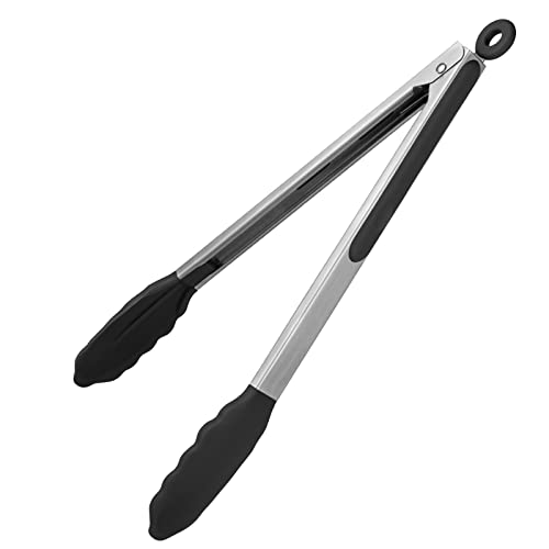 600℉ Heat Resistant Kitchen Tongs: U-Taste 12 Inch Large Silicone Cooking Tong With Sturdy Non Stick Rubber Tips & Silicon Coated 18/8 Stainless Steel Handle & Smooth Locking For Serving Grill (Black) #TOP17