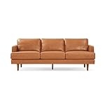 Valencia Grosseto 87” Cognac Tan Brown 3 Seater Full Leather Sofa | Mid Century Italian Nappa Leather Couch for Living Room Furniture | Double Stitched Seams, Removable Cushions