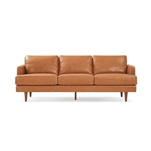 Valencia Grosseto 87” Cognac Tan Brown 3 Seater Full Leather Sofa | Mid Century Italian Nappa Leather Couch for Living Room Furniture | Double Stitched Seams, Removable Cushions