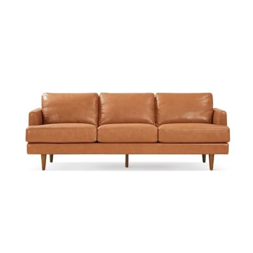 Valencia Grosseto 87” Cognac Tan Brown 3 Seater Full Leather Sofa | Mid Century Italian Nappa Leather Couch for Living Room Furniture | Double Stitched Seams, Removable Cushions