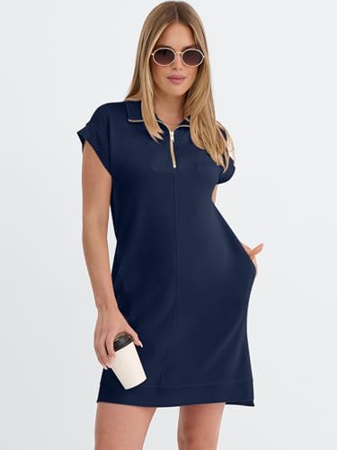 Image of ANRABESS Womens Summer Casual Half Zip Cap Sleeve Trendy Wrinkle-Free Tshirt Dress 2026 Spring Beach Vacation Short Dresses