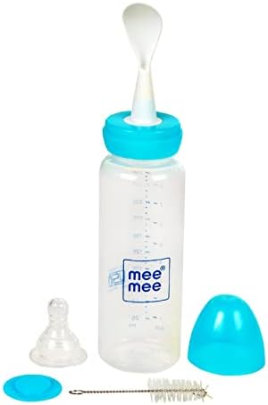 Mee Mee Baby Feeding Bottle with Spoon|BPA Free|Easy to Squeeze Bottle|Storage Friendly|Multifunctional Anti-Colic Feeding Bottle with Spoon|0 Months to 3 Years Baby/Kids 250ml Capacity(Blue)