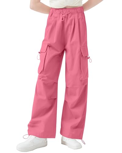 Image of AOWKULAE Girls Cargo Pants Baggy Drawstring Parachute Pants 5-16 Years | High Waist, Elastic Waist,Y2K Style,Comfortable and Loose Fit,Daily Casual Outfits