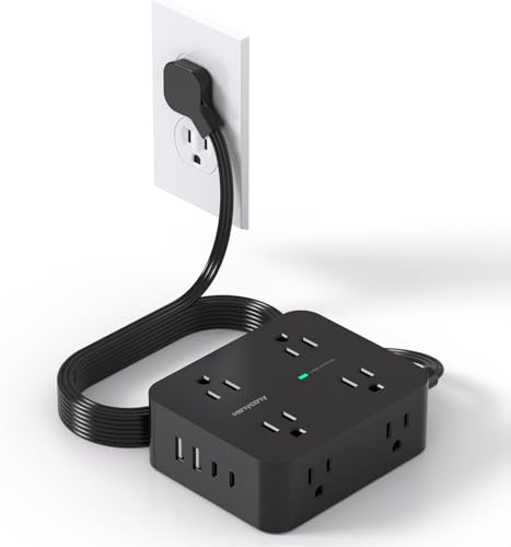 Power Strip Surge Protector HANYCONY 5Ft Ultra Thin Flat Extension Cord with Multiple Outlets 8 Widely Outlet Extender 4 USB Ports(2 USB C) 1080J Wall Mount for College Dorm Room Essentials Black