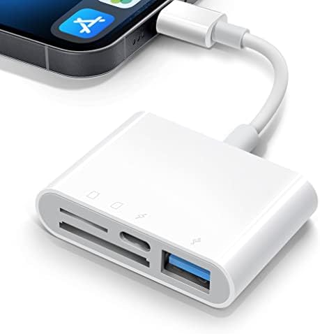 SD Card Reader for iPhone iPad, 4 in 1 Micro SD/SD Card Reader to iPhone Adapter, SD Card Viewer with TF/SD Dual Slot, Portable Camera Memory Card Reader for iPhone with Charging Port, Plug and Play