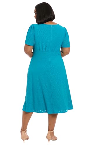 Image of London Times Women's Women's Eyelet Midi A-line Dress with Puff Sleeves - Gathered Waist Empire Cut - Wedding Guest Dress
