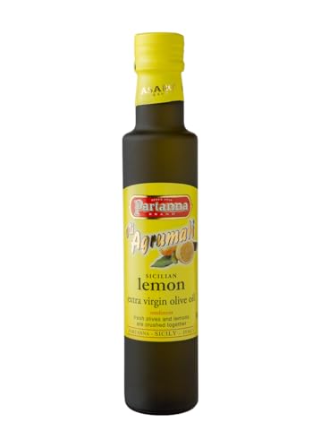 Partanna Extra Virgin Olive Oil pressed with Sicilian Lemon - Premium Flavored Extra Virgin Olive Oil - Harvested in Sicily - Rich in Flavor - Cold Pressed - 8.45 oz (250 ML) Glass