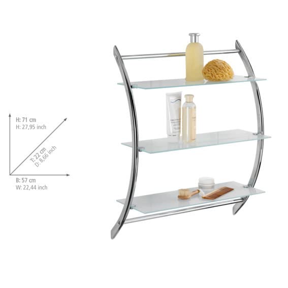 WENKO Wandregal Vermont Chrom mit 3 Glasablagen - Badregal, Stahl, 57 x 71 x 22 cm, Silber / Transparent