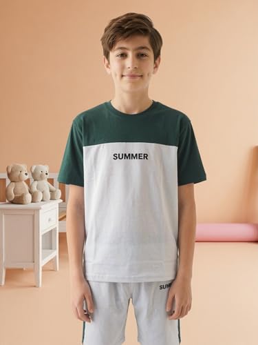 Image of Li'l Tomatoes Boys 100% Cotton Night Suit Set | Half Sleeve T-Shirt & Shorts | Color Block & Typography Print | Soft & Breathable Sleepwear | Casual Summer Wear | 9-16 Years