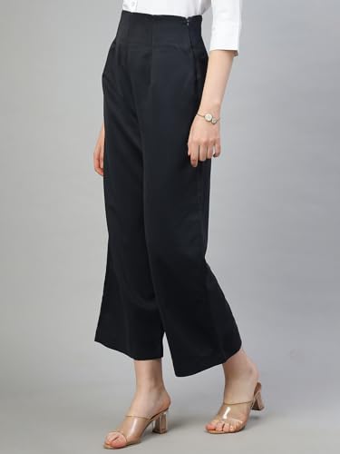Image of FITHUB Women's High-Rise Cotton Blend Solid Pattern Stretchable Parallel Trouser /Regular Casual Wear Trousers /Straight Fit Solid Flat-Front Trousers