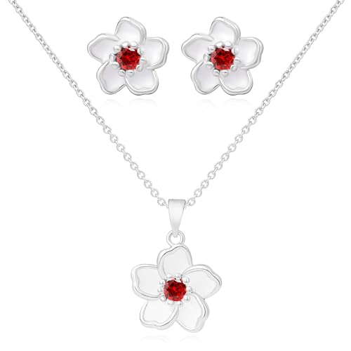 KYNOX Flower Necklace Earrings Set for Women 14K Gold Plated Hypoallergenic Sets Pair with different birthstones for Wedding Party Bridal Bridesmaid Accessories Teacher Valentine Gifts(Silver, 18in, Bright Red)