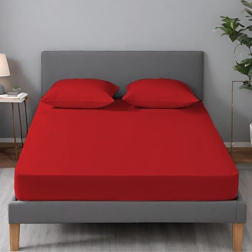 Apex Furnishings Fitted Sheet Double, Christmas Red Brushed Microfiber
