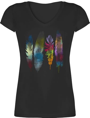 T-Shirt Damen V Ausschnitt - Kunst - Federn Wasserfarbe...