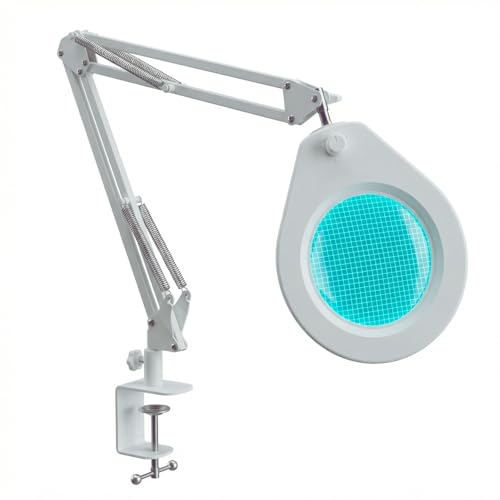 Beyamz Lupenleuchte mit 5-Dioptrien-Glas, 6,4 cm Stahlklemme, dimmbaren LEDs, 90 cm Schwenkarm, optimales Komfortdesign für Kosmetikerinnen, Hobbyisten und Bastler (Weiß)
