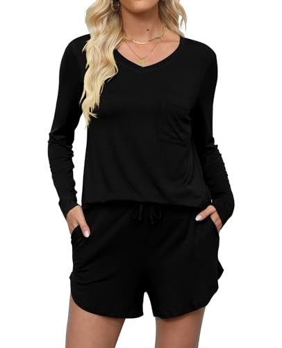 DB MOON Womens Long Sleeve Lounge Set 2 Piece Cute Short Pajamas Sets With Pockets Sleep Wear2